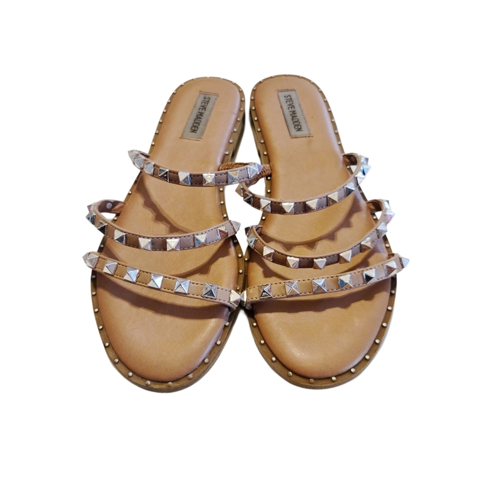 Steve Madden Lodell Sandals Womens 9 Tan Silver Studded Multi-Strap Flat‎ Slides